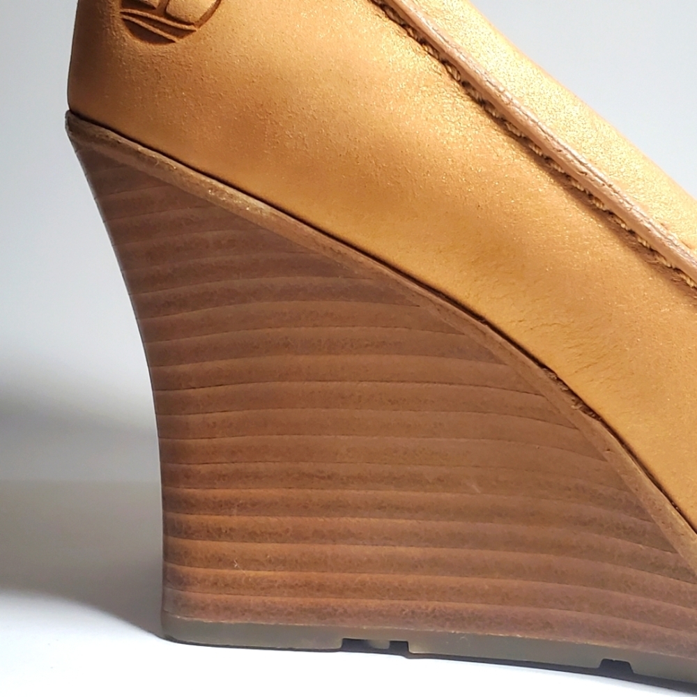 TIMBERLAND Tan Open-toe Stacked Wedge Heels Rubber Sole Leather Upper 7M - NWT - Picture 7 of 16